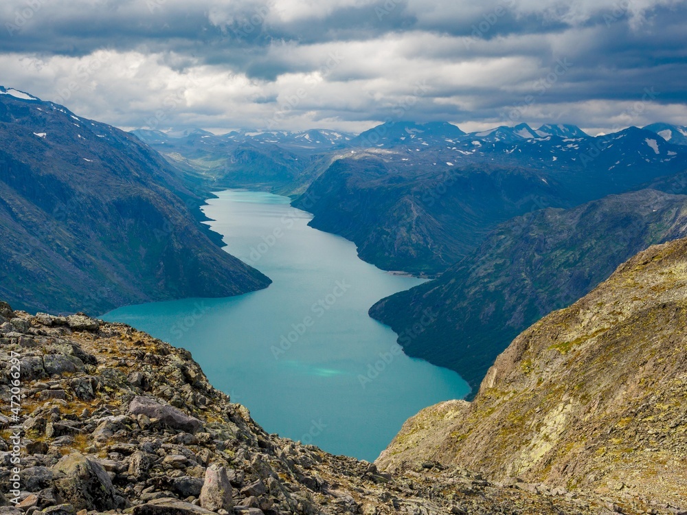 View of lake gjende from the famous Besseggen hiking trail, Norway