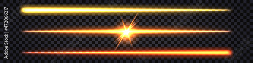 Laser neon light beam, glowing stick with flash explosion enrgy effect. LED luminous lines, electric impulse. Isolated on dark transparent background. Vector illustration