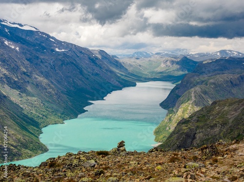 View lake gjende from the famous Besseggen hiking trail, Norway photo