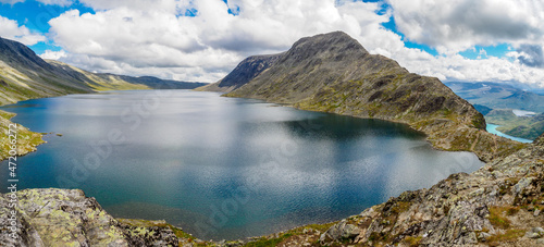 View Bessvatnet lake from the famous Besseggen hiking trail, Norway photo