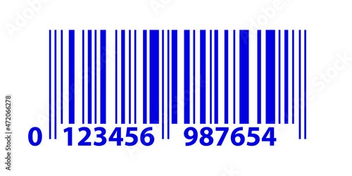EAN code icon, linear bar code ean13. Product label sticker, blue stripes and numbers on white background. Vector illustration photo