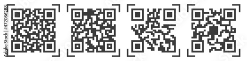 Qr code icons. Product label mark for scan. Square qrcode stickers isolated, black on white background, random lines . Vector illustration