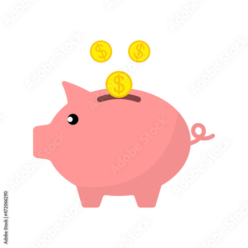 Piggy bank and gold coin vector icon. Pig in flat style. Safe finance investment.