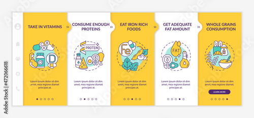 Nutrition during pregnancy onboarding vector template. Responsive mobile website with icons. Web page walkthrough 5 step screens. Offering massage color concept with linear illustrations