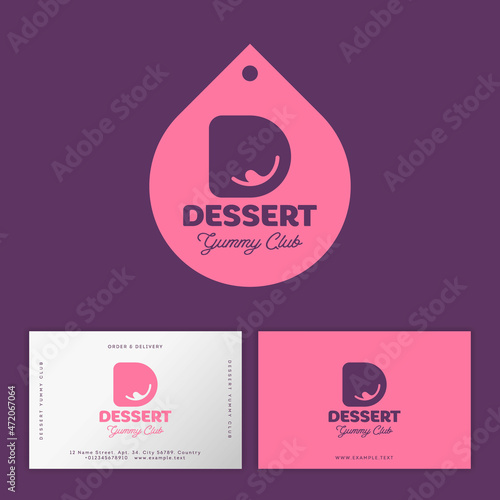 D monogram. Letter D with smile and tongue into rounded tag. Desserts and sweet food logo. Cafe emblem. 