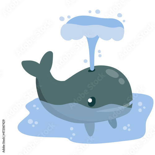 Cute funny whale with water fountain in sea or ocean. Marine animal. Funny blue sperm whale. Children drawing in Scandinavian style