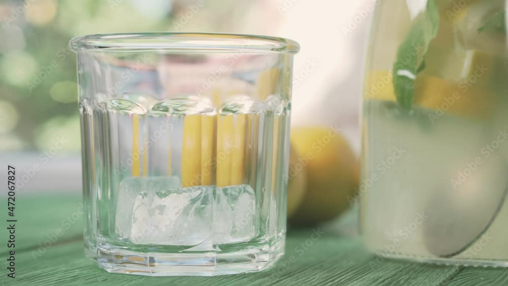 Fresh cold lemonade with mint and ice, outdoors shot. Ice, slices of lemon, mint are placed in a glass and lemonade is poured. Fresh cold lemonade with mint and ice, outdoors shot. Ice, slices of lemon, mint are placed in a glass and lemonade is poured.