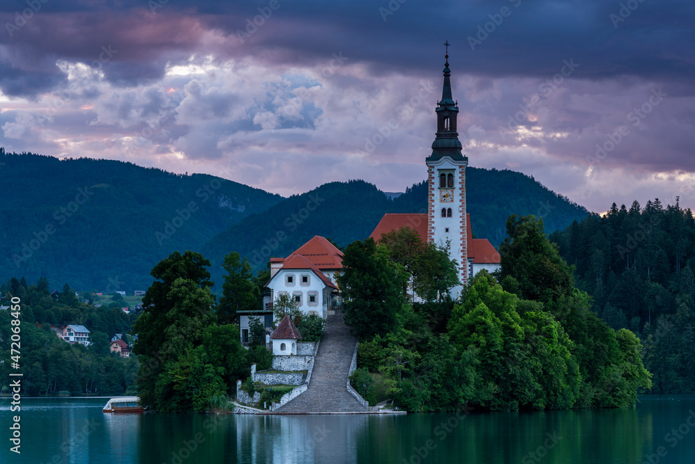 Romantic Bled Lake with Church on Island in Slovenia at Sunset Romantic Bled Lake with Church on Island in Slovenia at Sunset