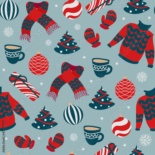 Vector seamless festive pattern. Flat red knitted sweater, mittens, scarf, mug, Christmas tree, gifts, toys, snowflakes isolated on light blue background.

