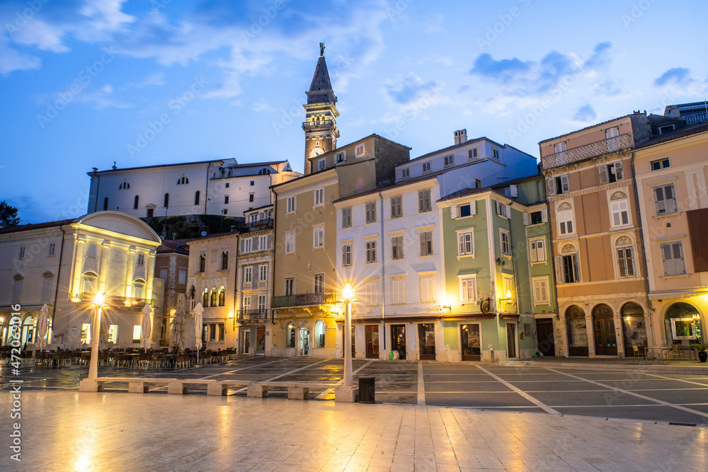 Tartini Square in Piran Old Town in Slovenia at Sunrise