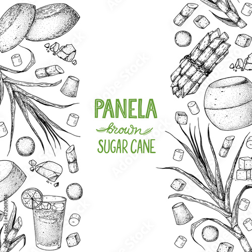 Panela sugar sketch. Hand drawn vector illustration. Vintage design template. Cane sugar. Gur or jggery powder. Organic unrefined. Vintage Design for packaging. photo