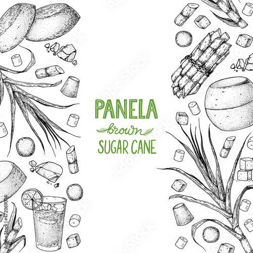 Panela sugar sketch. Hand drawn vector illustration. Vintage design template. Cane sugar. Gur or jggery powder. Organic unrefined. Vintage Design for packaging.
