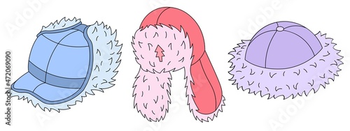 Set of three colorful fur and leather winter hats drawings. Trapper hat, hat with ear flaps, bucket hat. Vector hand drawn colorful illustration isolated on white background.