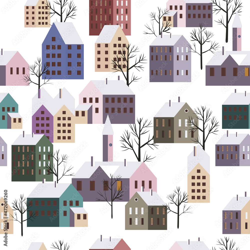 Christmas scandinavian town, seamless pattern winter city landscape, trees houses, New Year and Christmas holidays. Vector illustration minimalism style