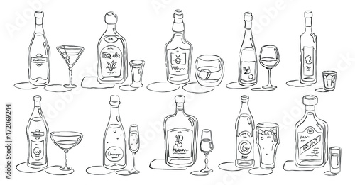 Bottle and glass martini, tequila, whiskey, wine, vodka, vermouth, champagne, liquor, beer, rum together in hand drawn style. Beverage outline icon. Line art sketch on white background