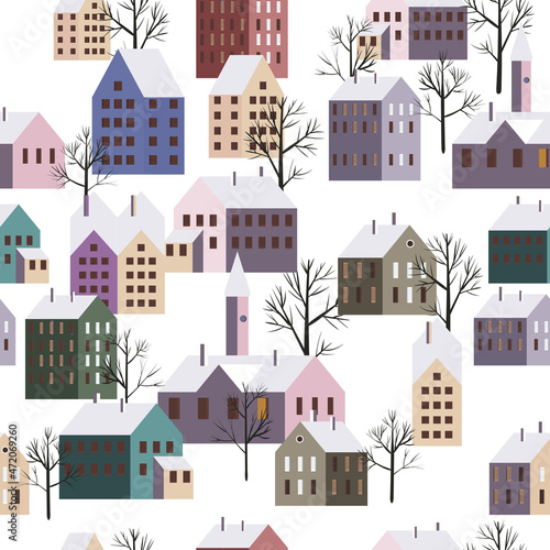 Christmas scandinavian town  seamless pattern winter city landscape  trees houses  New Year and Christmas holidays. Vector illustration minimalism style
