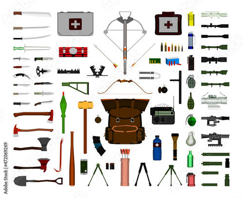 Collection of realistic military equipment. Detailed style army gear.