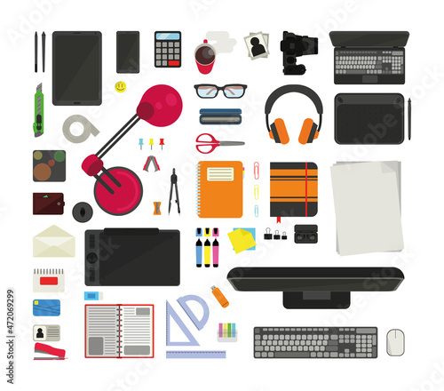 A set of office equipment and stationery. Isolated vector objects on the desktop. Illustrations for business and creativity.