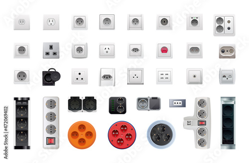 Collection of realistic sockets and adapters isolated on white background.