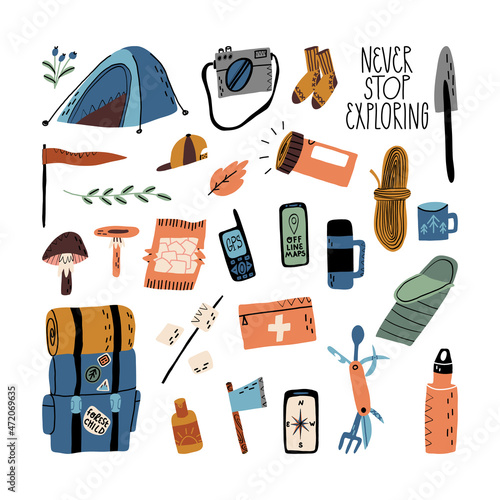 Forest tourism, outdoor vacation must have set. Backpack, tent, sleeping bag, shovel, knife, navigation, offline maps.