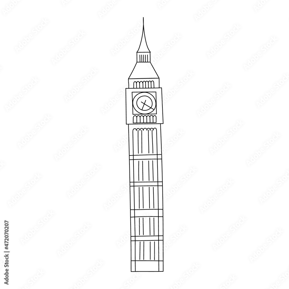 Vector line hand drawn illustration with Big Ben. London, England.  Great Bell of the striking clock. Clock tower. Isolated on white background