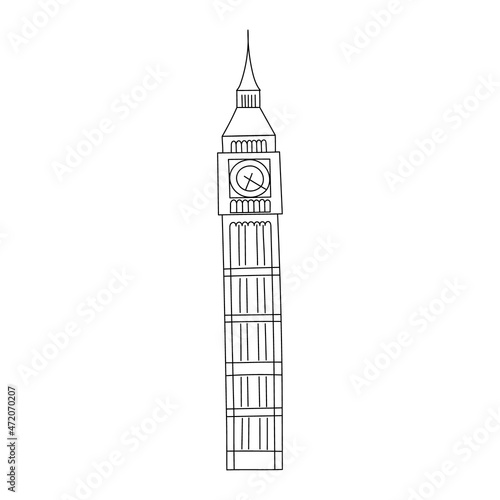 Vector line hand drawn illustration with Big Ben. London, England.  Great Bell of the striking clock. Clock tower. Isolated on white background