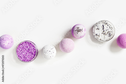 Lavender bath bombs and sea salt with dried lavender flowers, fragrant and healthy spa products with essential oil. Aromatherapy and herbal medicine, cosmetic for body treatment