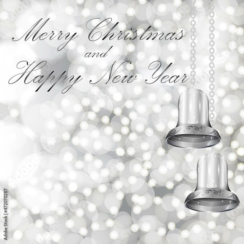 Merry Christmas and New Year. Square template with bokeh, silver Christmas bells for banners, flyers, posts, cards. Social media, social network. Vector illustration. Silver background