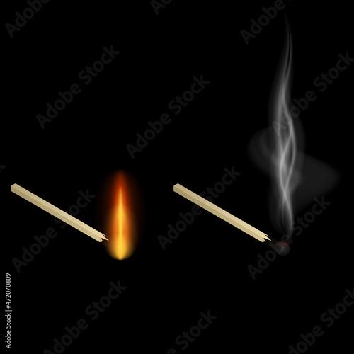 Set of realistic burning matches vector icon isolated on black background.