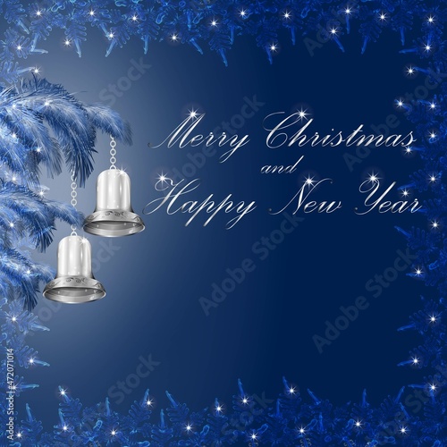 Merry Christmas and New Year. Square template with shiny silver bells, snowflakes, snow covered spruce branches. Social media, social network. Vector illustration. Dark blue background