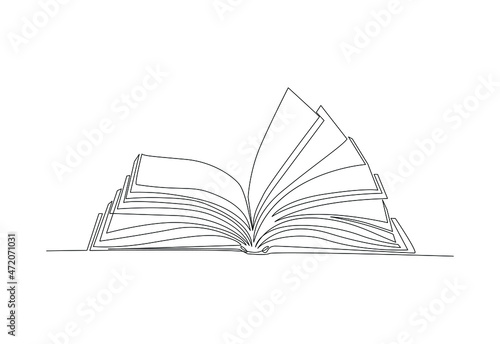 An open book with flying pages drawing a continuous line. Returning to the subject of school vector illustration educational supplies.