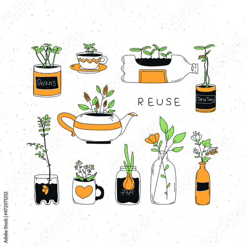 Vector illustration of reusable plastic and tin cans. Flowerpots are planted in bottles and cups. A second life to broken things