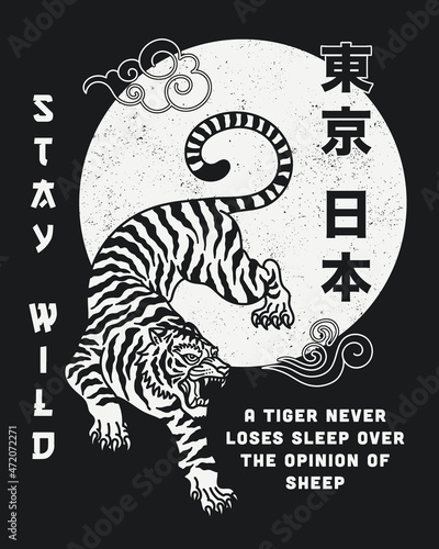  Black and White Tiger with Stay Wild Slogan and Japan Tokyo Words in Japanese Letters Vector Artwork on Black Background