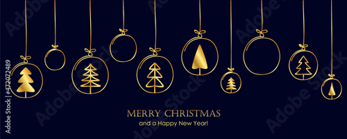 christmas card with fir tree golden balls hanging decoration