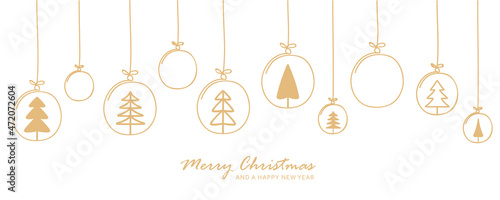 christmas card with fir tree golden balls hanging decoration