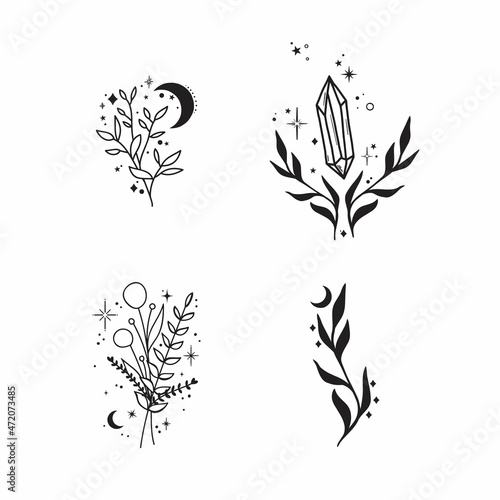 Hand Drawn Vector Florals. Magic Florals with Stars, Moon and Crystals. 