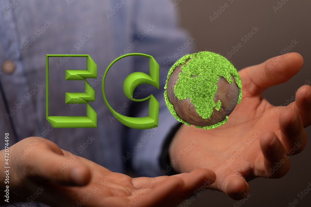 Eco word on the background of green leaves of carrots. plantation. Agriculture. harvest. Environmentally friendly, climate change Eco word on the background of green leaves of carrots. plantation. Agriculture. harvest. Environmentally friendly, climate change