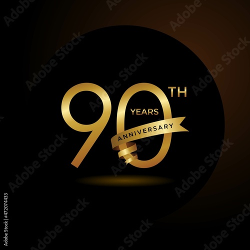 90th anniversary logotype with gold ribbon. Golden anniversary celebration emblem design for booklet, leaflet, magazine, brochure poster, web, invitation or greeting card. Vector illustrations. EPS 10
