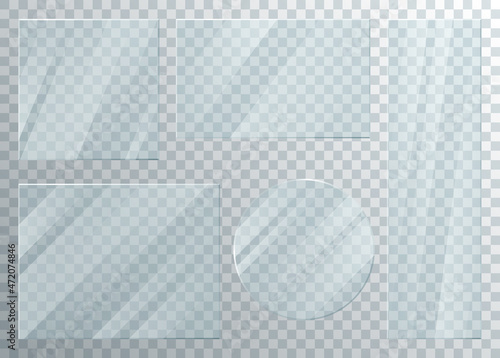 Glass window plate set with transparent effect vector illustration. 3d realistic clear glossy frame, shiny panel for showcase facade of square, round or rectangular shape collection isolated on white
