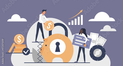 People lock savings in moneybox under protection vector illustration. Cartoon man putting money coin in piggy bank, woman holding credit card. Banking, safe finance and economy, budget concept
