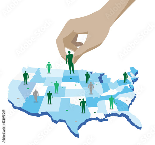 Mano colloca gli uomini che rappresentano diversi stati americani sulla mappa degli Stati Uniti d'America