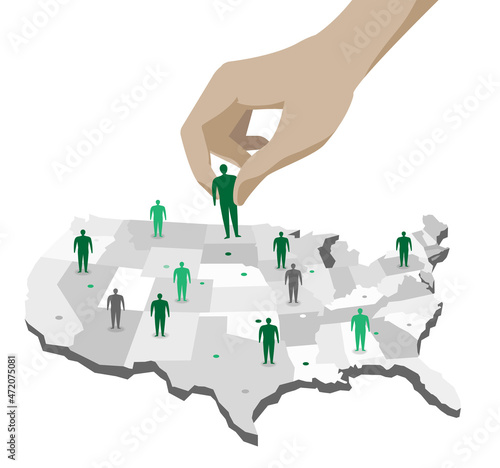 Mano colloca gli uomini che rappresentano diversi stati americani sulla mappa degli Stati Uniti d'America