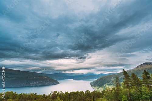 Utvik, Sogn Og Fjordane County, Norway. Norwegian Mountain Lake Landscape. The Innvikfjord Is A Sub-fjord Of Nordfjord In The Municipality Of Stryn In Sogn Og Fjordane photo