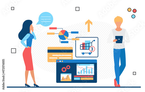 Online commercial shopping store reporting statistic. Internet purchasing cart and consumer behavior