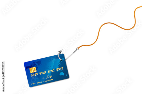 Glossy bank credit card on glossy silver metal fishing hook on a rope on white