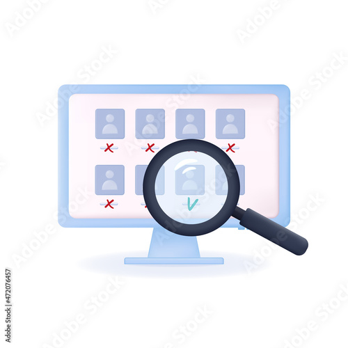 3d personnel, search and selection for the position. Search for a professional and qualified employee with an approval checkmark. Recruitment of candidates or open vacancy on a laptop monitor. Vector