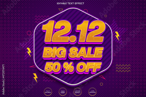 12 12 big sale 50% off 3d editable text effect Premium Vector with background and banner