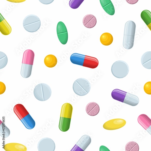 Medical seamless pattern with color pills, tablets and capsules on white. Pharmacology with pharmaceuticals. Medicine background illustration of medicament drugs for design. Vector
