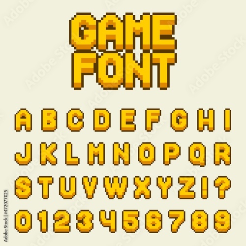 Foto Pixel alphabet font letters and numbers set video computer game in retro 8 bit style