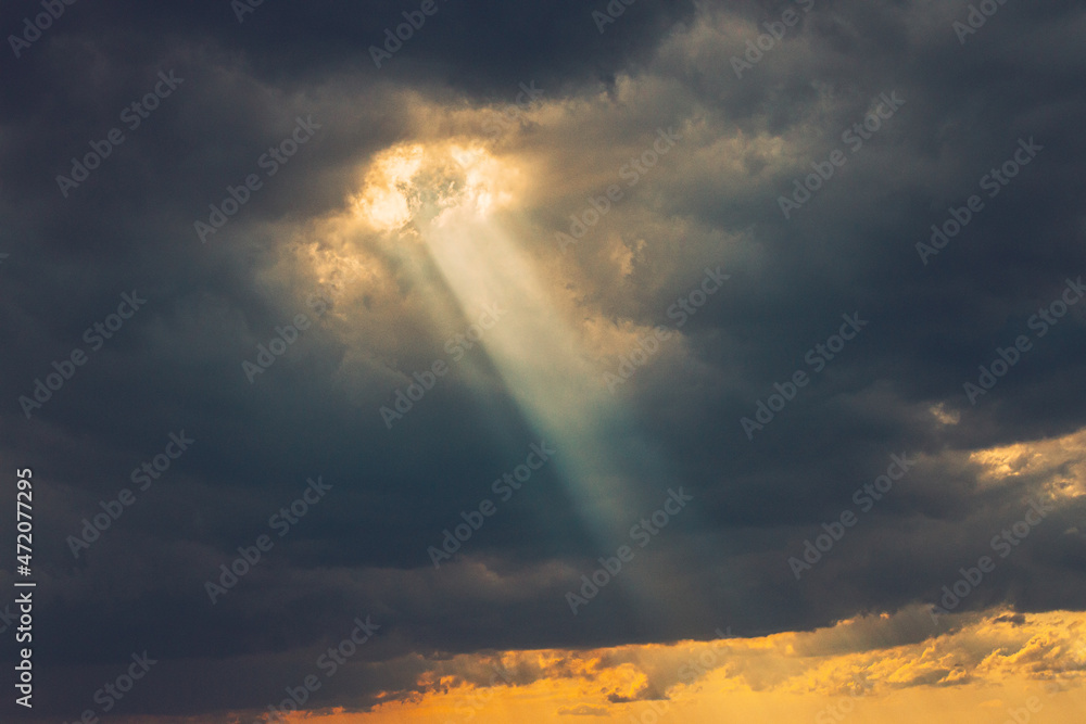 Sun Rays In Amazing Natural Bright Dramatic Sky In Sunset Sunrise Time. Colorful Sky Background. Beauty In Nature. Sunset Sunrise. Natural Bright Dramatic Sky Heaven